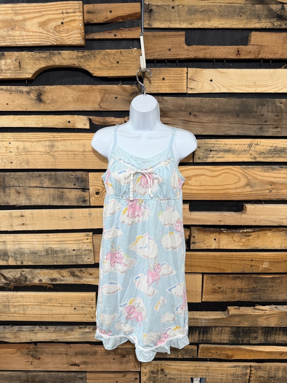 Nick & Nora Flying Pigs Nightgown Slip Chemise Ruffle Bow Spaghetti
Strap Sz M